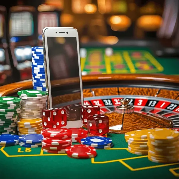 A young woman relaxing with her phone while dynamic casino elements float around her, illustrating the smooth mobile experience offered by the TAKABET app.
