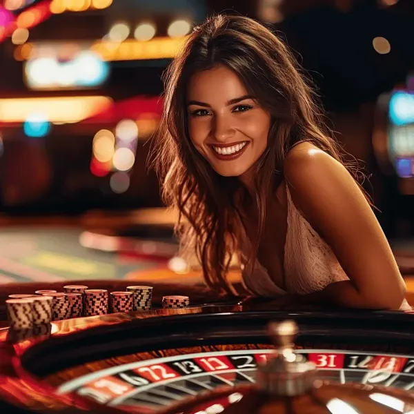 নিয়ন আলোয় আলোকিত পরিবেশে ক্যাসিনো চিপ হাতে এক অভিজাত নারী—যা TAKABET–এর প্রিমিয়াম অনলাইন ক্যাসিনো পরিবেশকে তুলে ধরে।