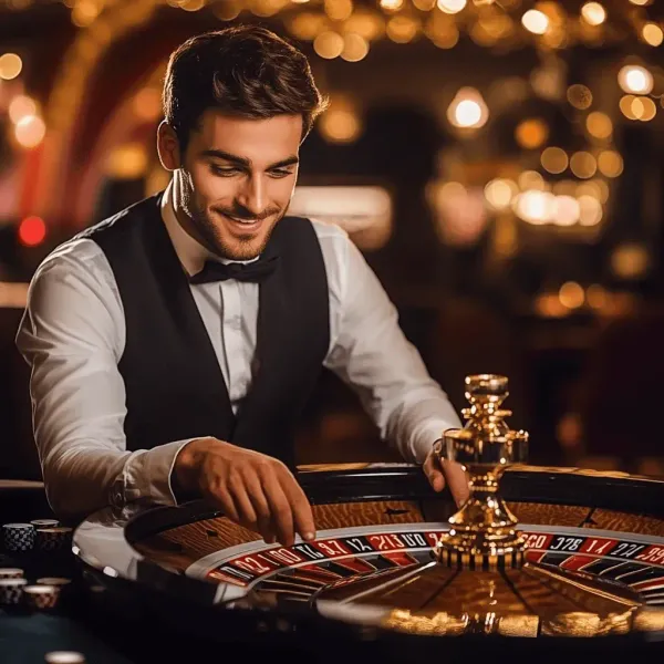 A woman smiling while playing online games on her laptop, surrounded by neon casino elements, showcasing TAKABET’s diverse game collection.